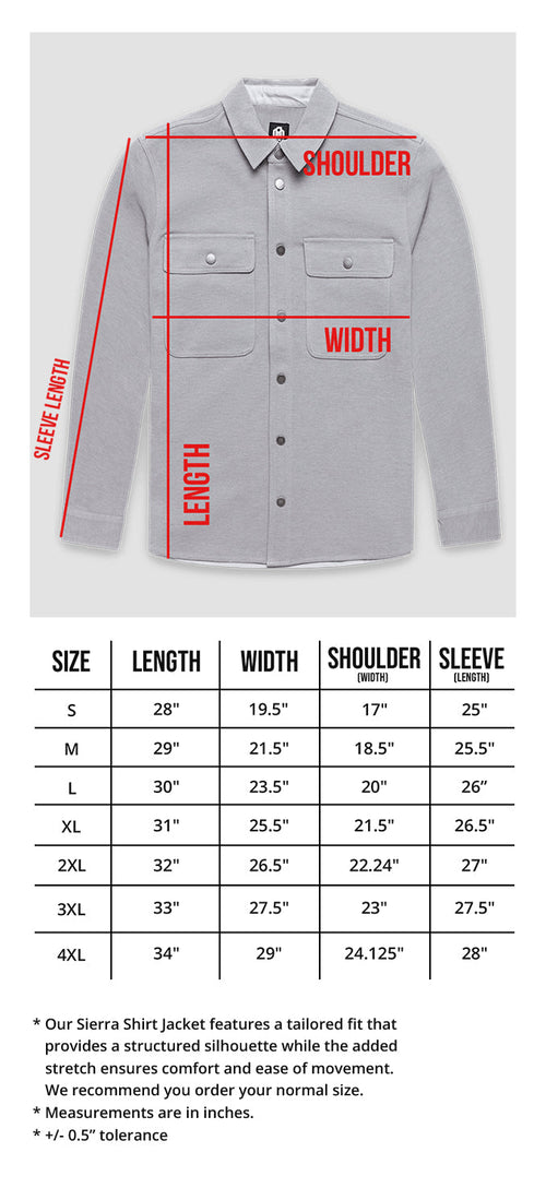 Sierra Shirt Jacket Size Chart