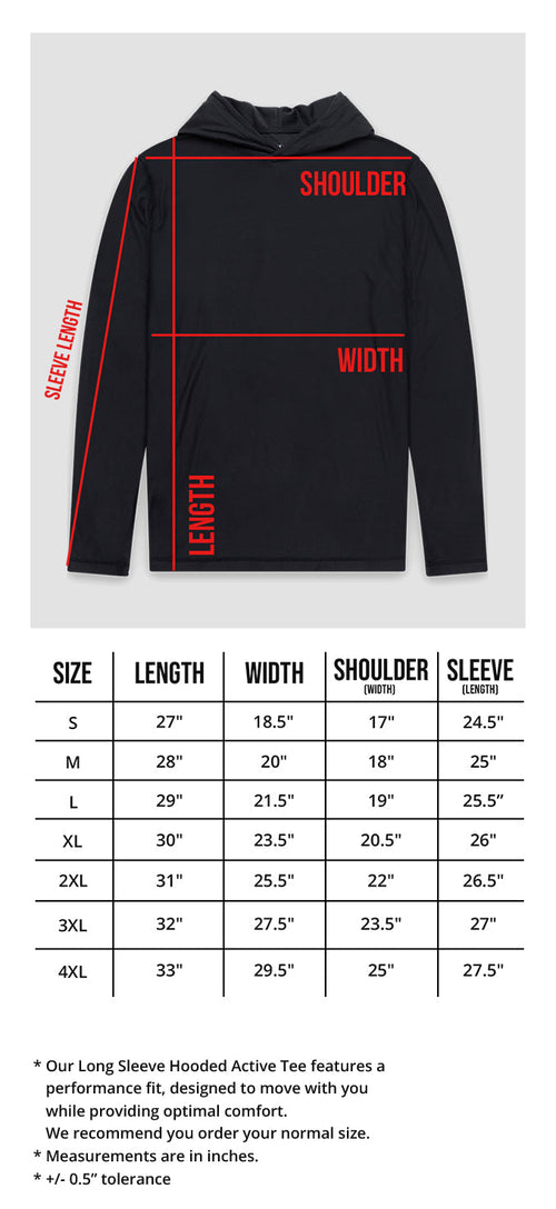 Long Sleeve Hooded Active Tee Size Chart