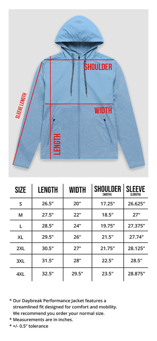 Daybreak Performance Jacket Size Chart
