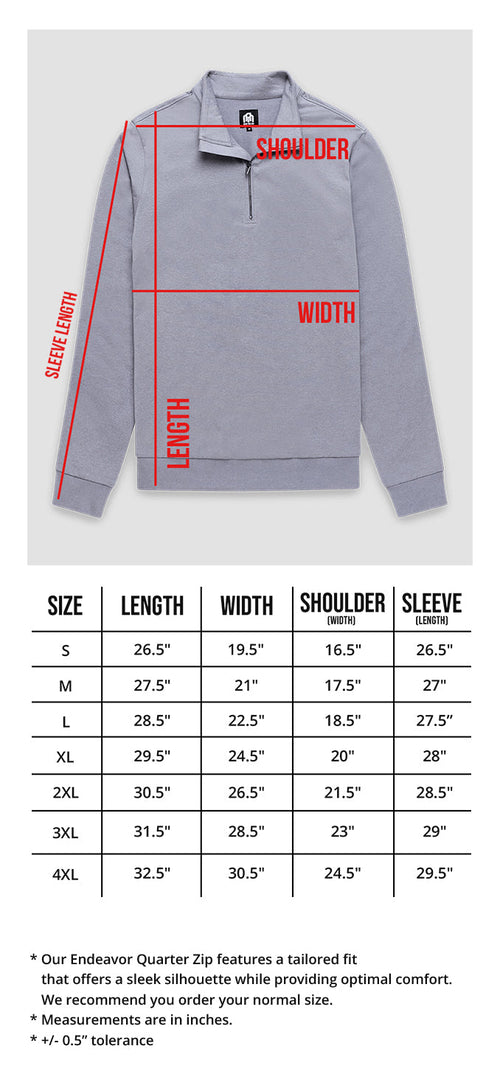 Endeavor Quarter Zip Tee Size Chart