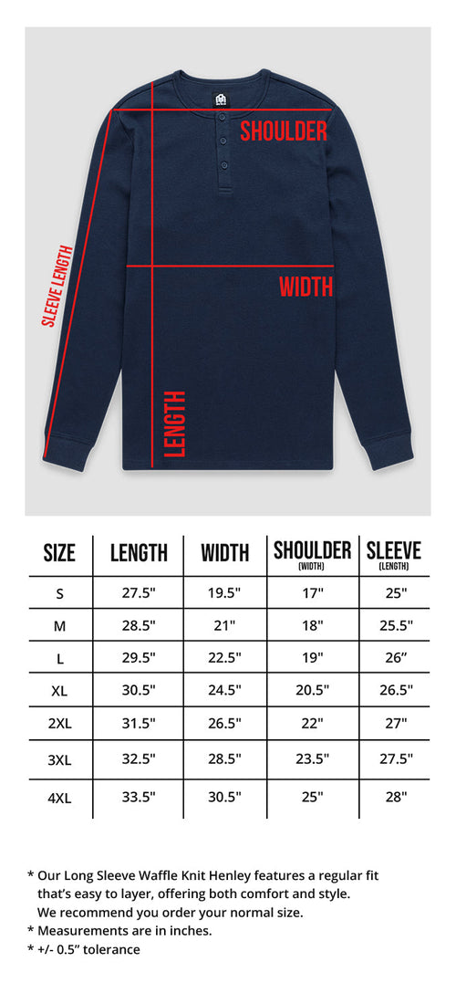 Long Sleeve Waffle Knit Henley Size Chart