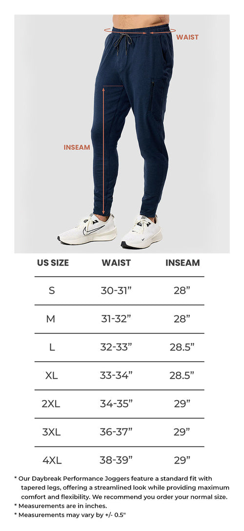 Daybreak Performance Joggers Size Chart