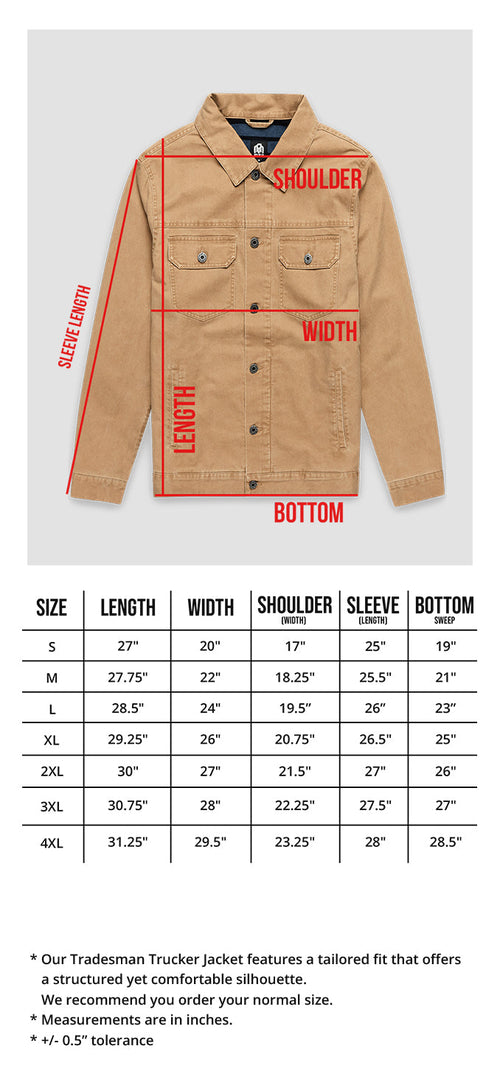 Tradesman Trucker Jacket Size Chart