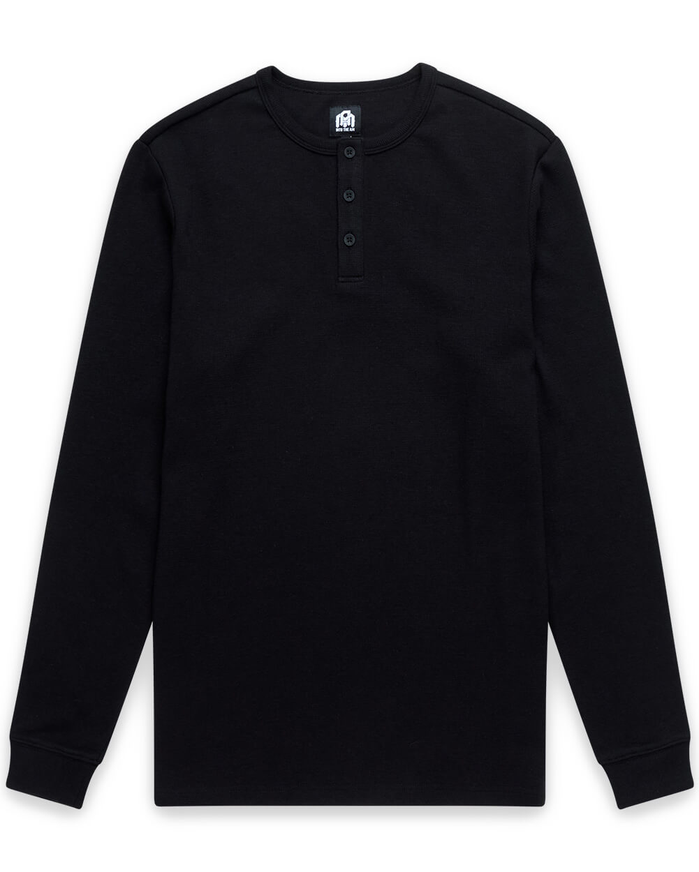 Long Sleeve Waffle Knit Henley-Black-Mock--Model---M-Regular