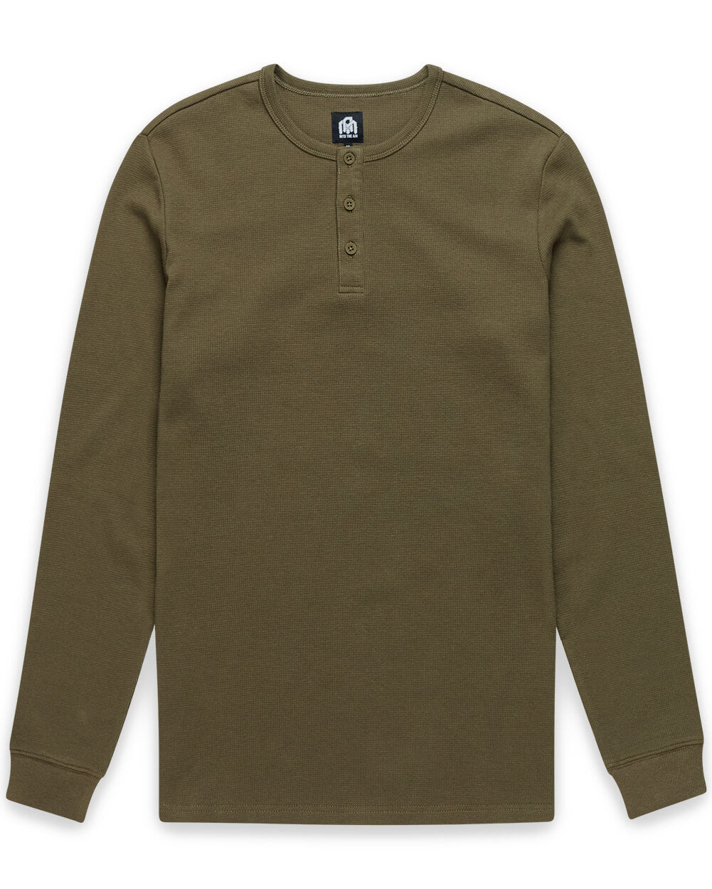 Long Sleeve Waffle Knit Henley-Olive Green-Mock--Model---M-Regular