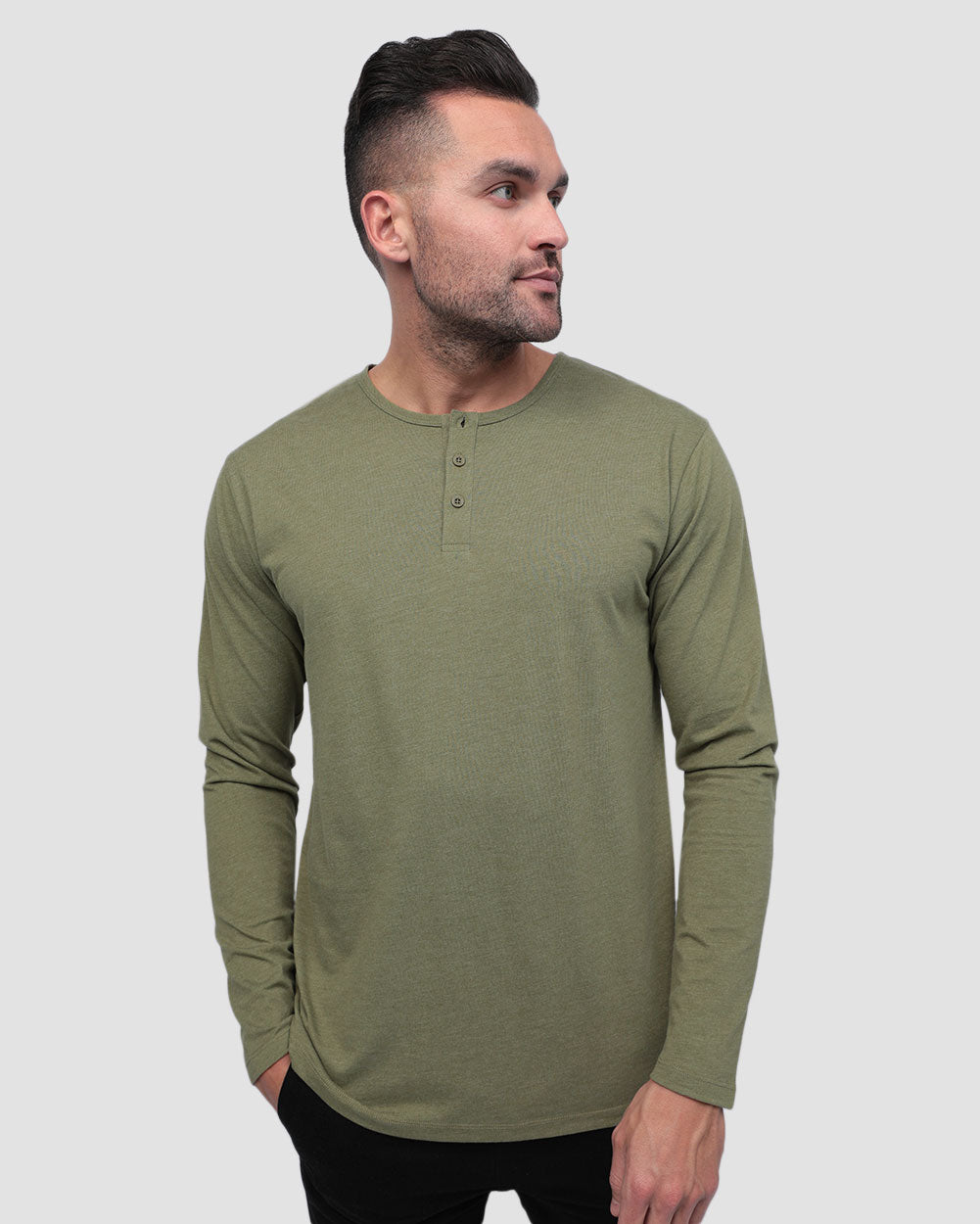 Long Sleeve Henley Tee - Non-Branded-Front-Olive Green--Zach---L