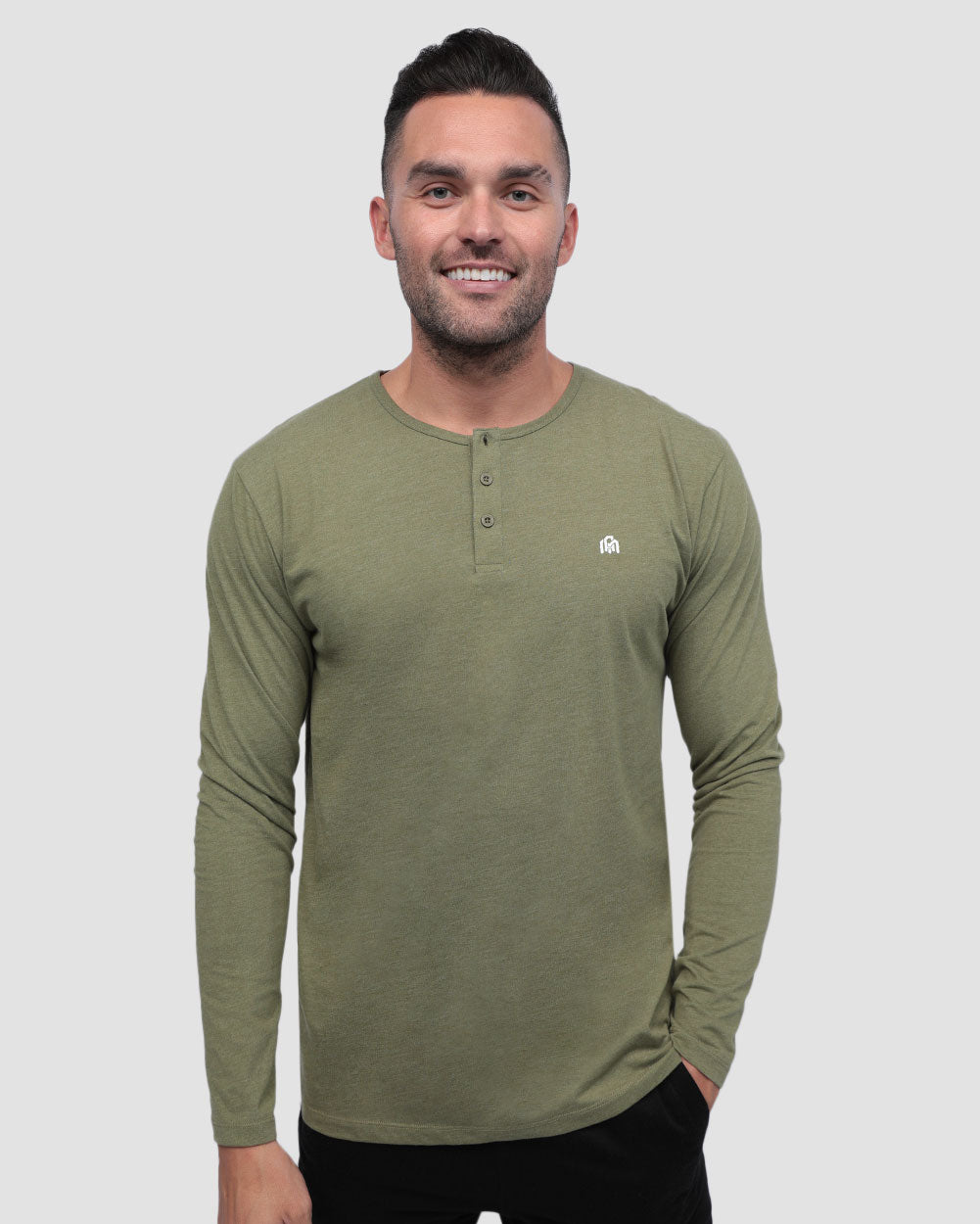 Pack of the Week 2 Pack Long Sleeve Henley Tee - Branded-Black/Olive Green-Regular-Front--Model---L