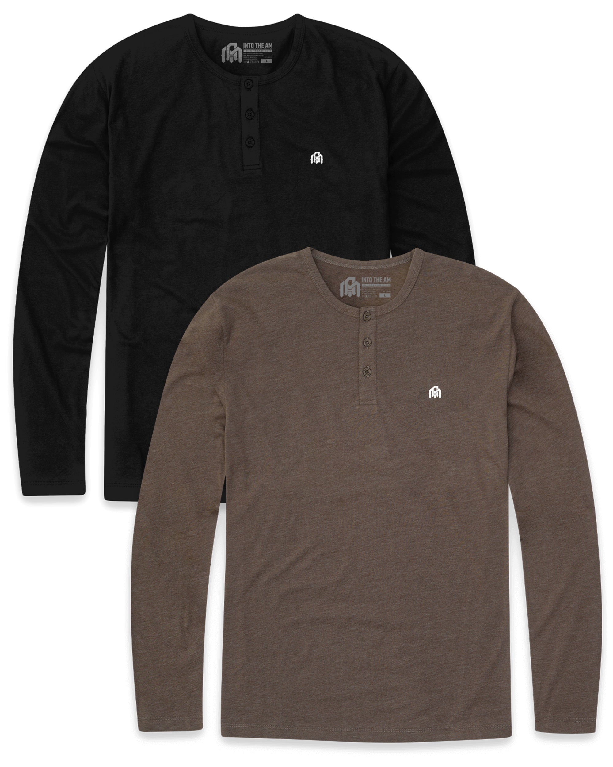 Pack of the Week 2 Pack Long Sleeve Henley Tee - Branded-Black/Brown-Regular-Mock--Model---L