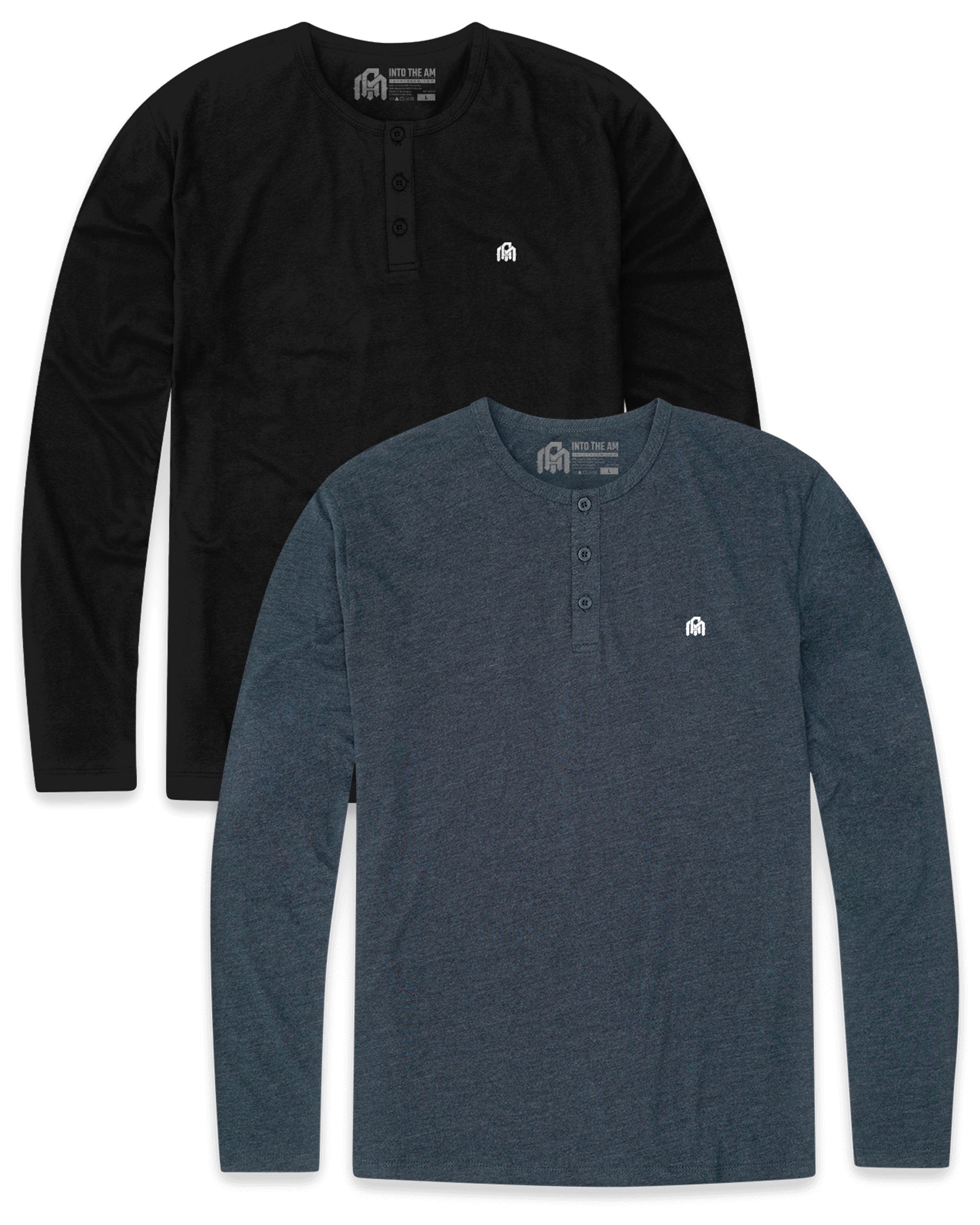 Pack of the Week 2 Pack Long Sleeve Henley Tee - Branded-Black/Navy-Regular-Mock--Model---L