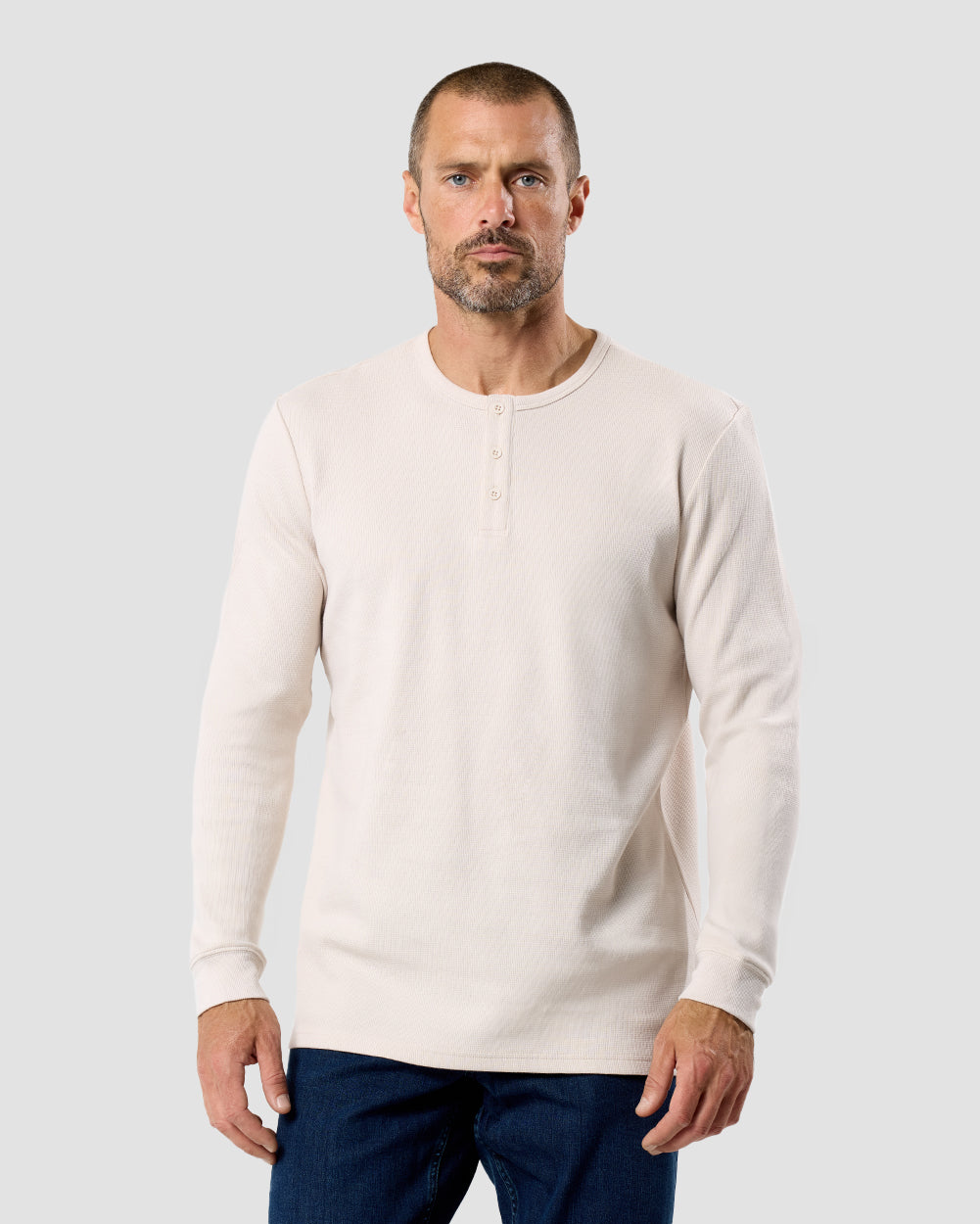Long Sleeve Waffle Knit Henley-Beige-Front--Model---M-Regular