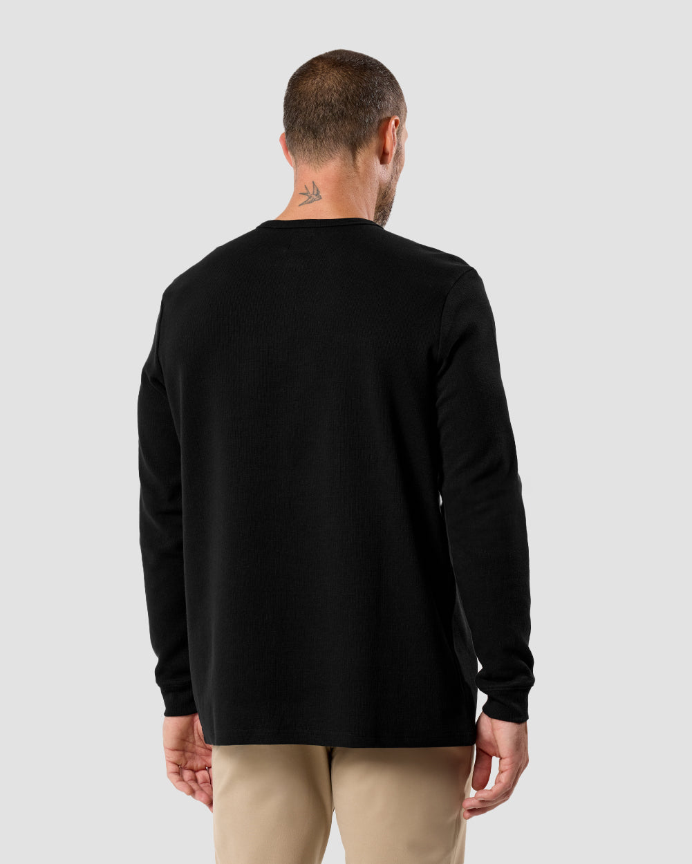 Long Sleeve Waffle Knit Henley-Black-Back--Model---M-Regular