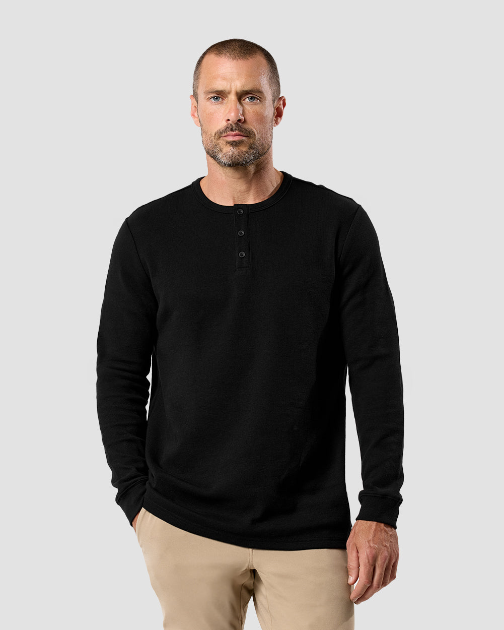 Long Sleeve Waffle Knit Henley-Black-Front--Model---M-Regular