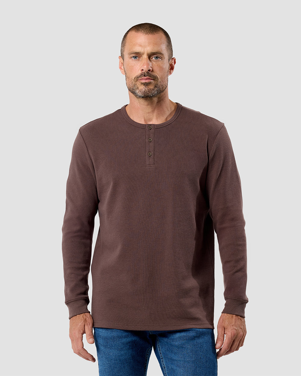 Long Sleeve Waffle Knit Henley-Brown-Front--Model---M-Regular