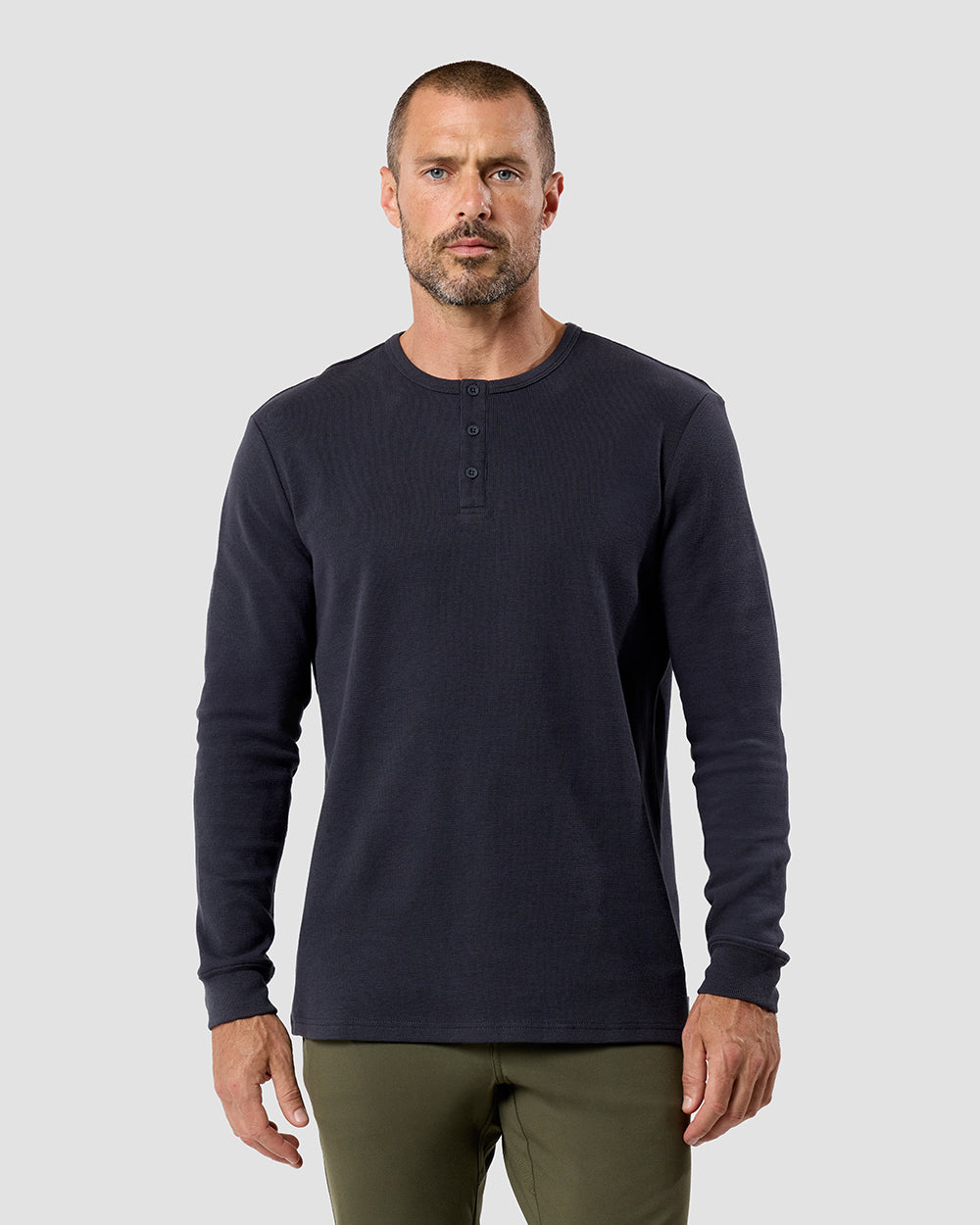 Long Sleeve Waffle Knit Henley-Charcoal-Front--Model---M-Regular