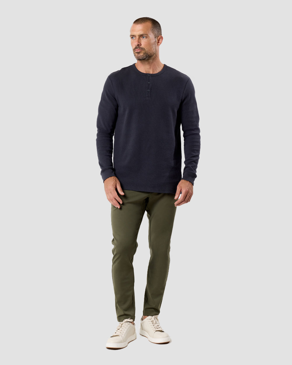 Long Sleeve Waffle Knit Henley-Charcoal-Back--Model---M-Regular