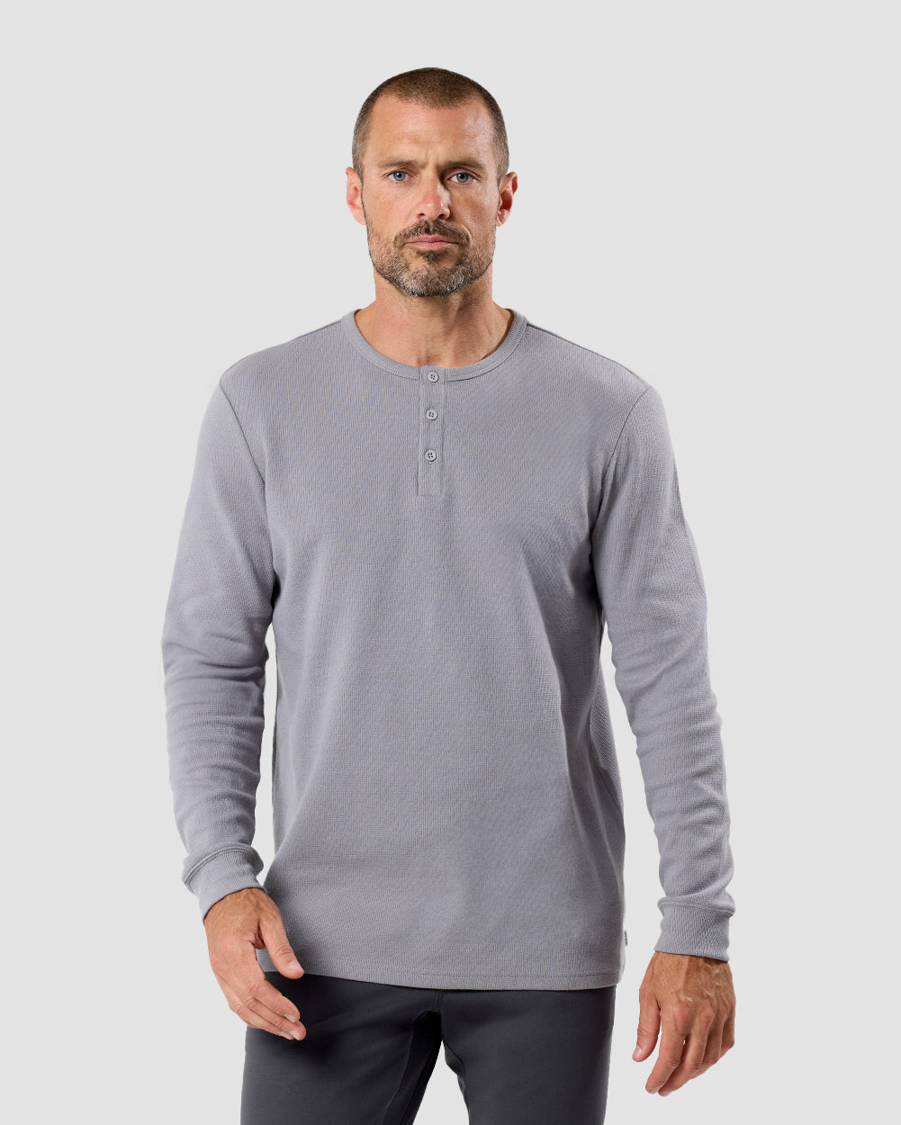 Long Sleeve Waffle Knit Henley-Grey-Front--Model---M-Regular