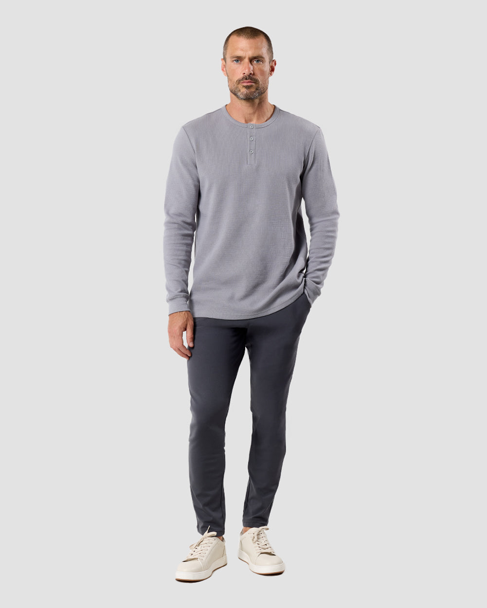 Long Sleeve Waffle Knit Henley-Grey-Back--Model---M-Regular