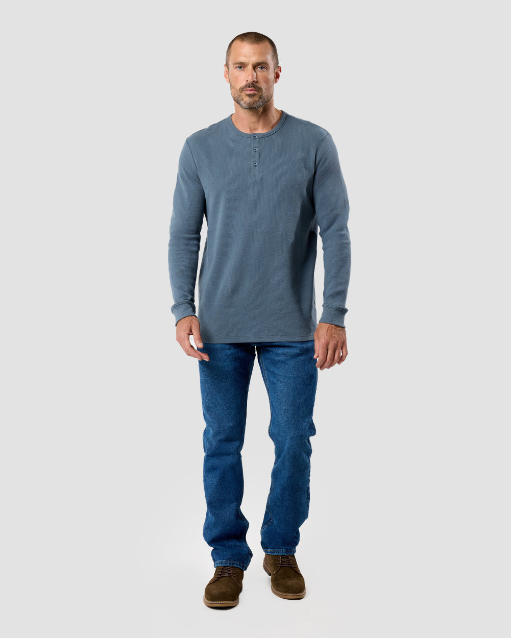 Long Sleeve Waffle Knit Henley-Indigo-Full--Model---M-Regular