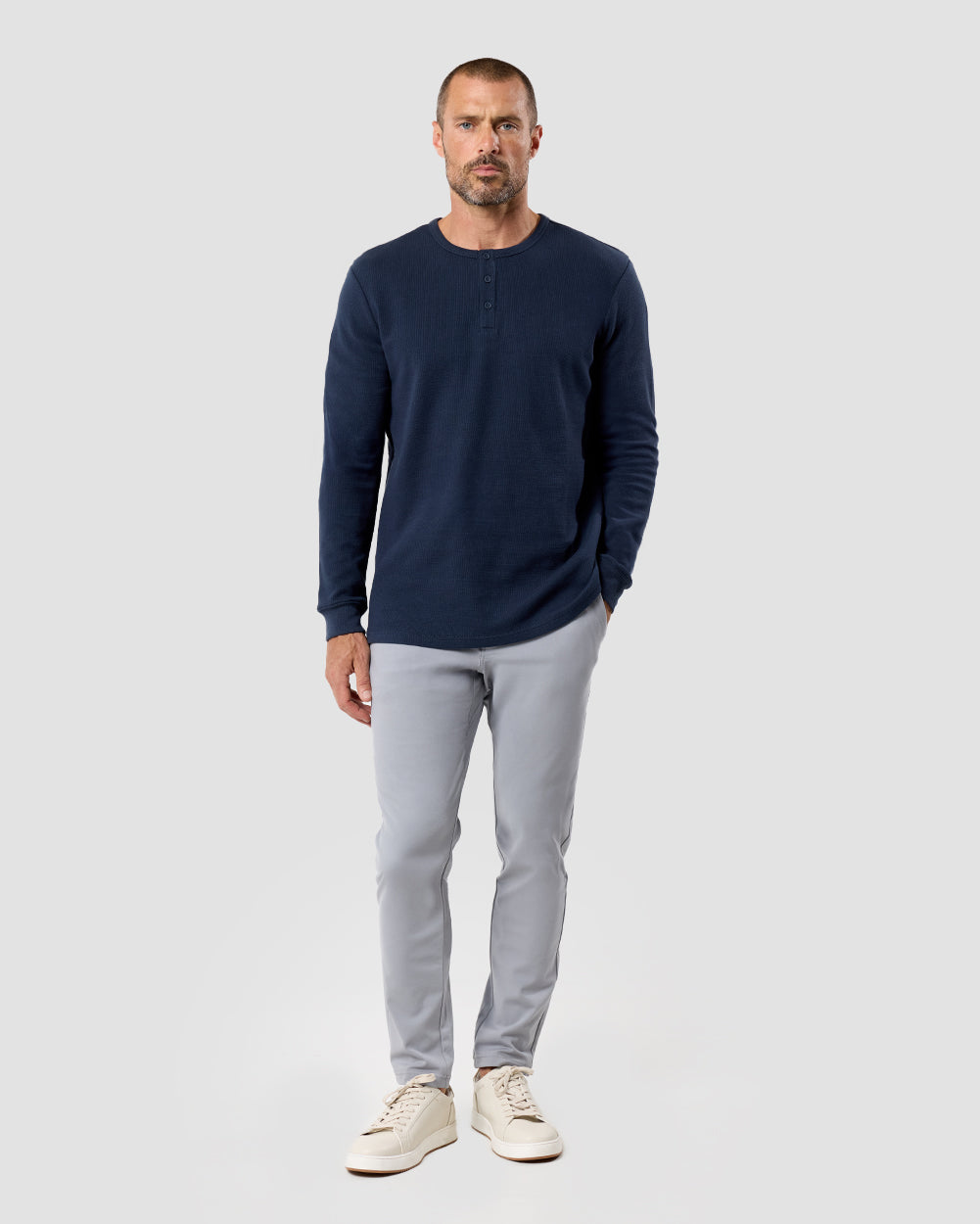 Long Sleeve Waffle Knit Henley-Navy-Full--Model---M-Regular