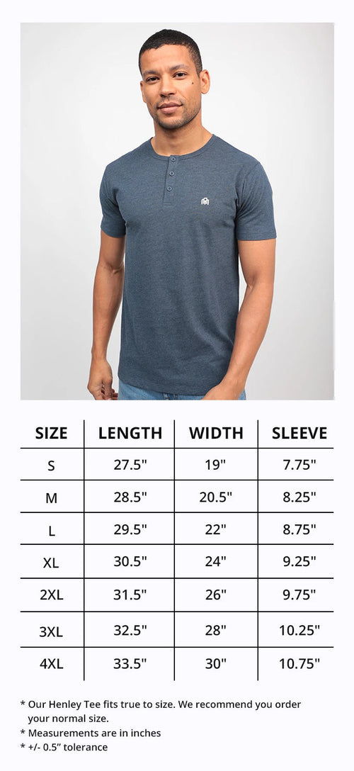 Men's Short Sleeve Henleys Size Chart