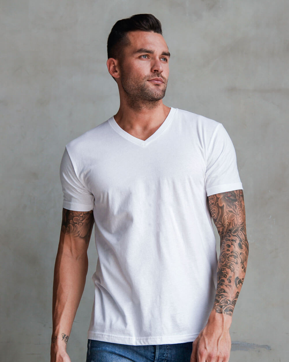V-Neck Tee - Non-Branded-White-Front--Model---M-Regular