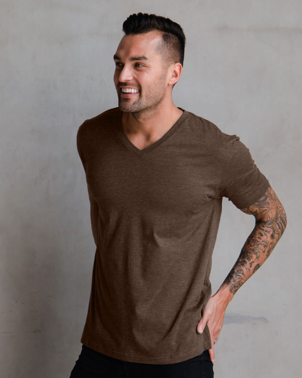 V-Neck Tee - Non-Branded-Brown-Front--Model---M-Regular