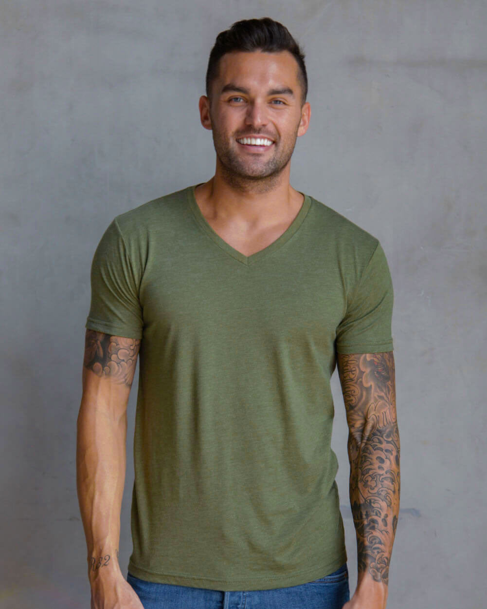 V-Neck Tee - Non-Branded-Olive Green-Front--Model---M-Regular