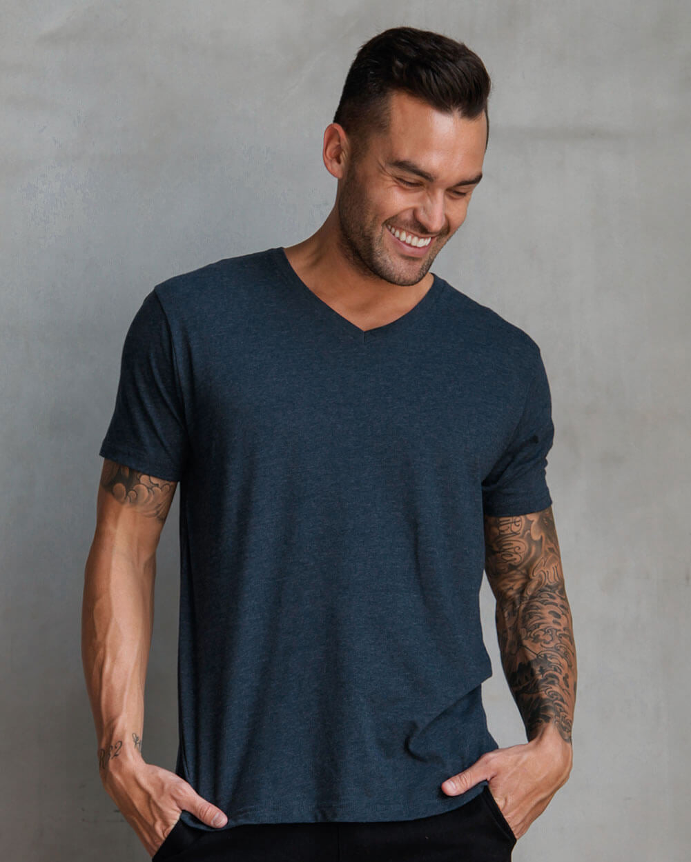 V-Neck Tee - Non-Branded-Navy-Front--Model---M-Regular