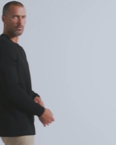Long Sleeve Waffle Knit Henley-Black-Black--Model---M-Regular