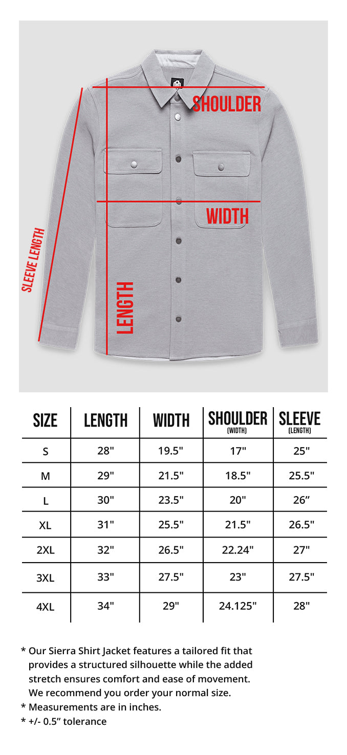 Sierra Shirt Jacket Size Chart