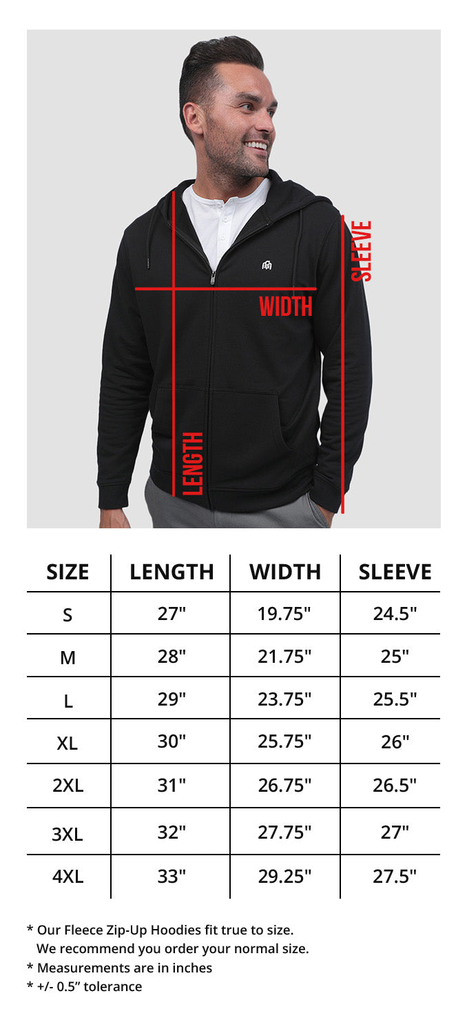 Zip-Up Hoodies Size Chart