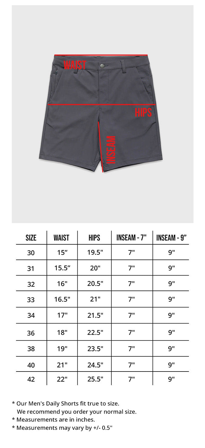 Daily Shorts Size Chart