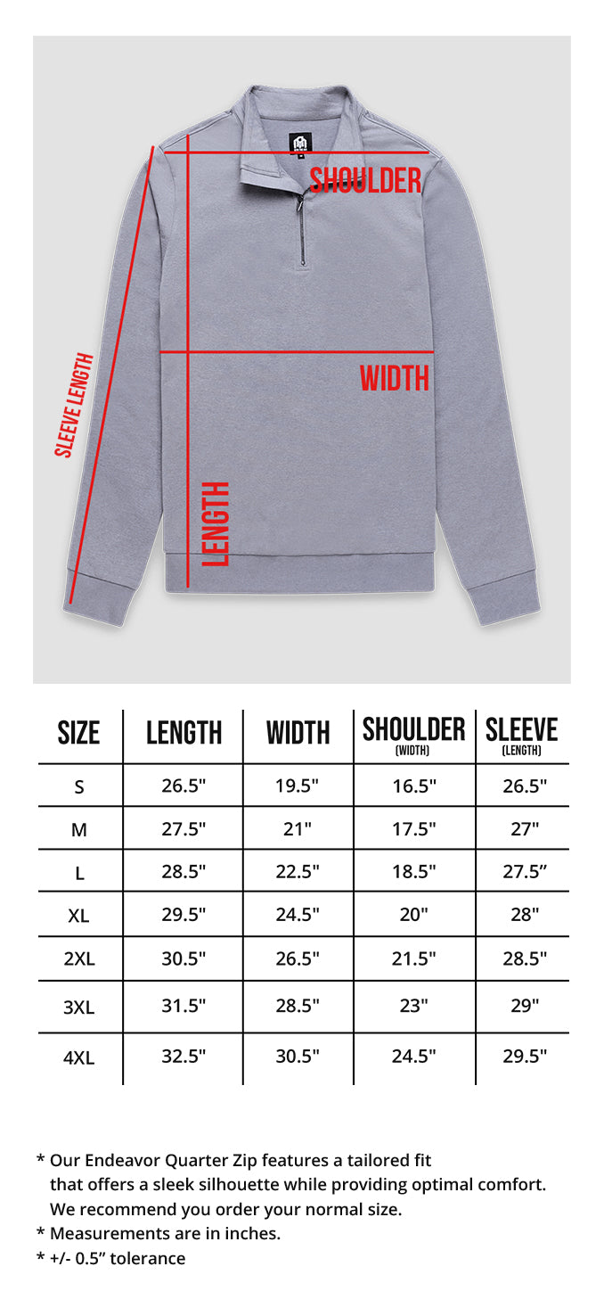 Endeavor Quarter Zip Tee Size Chart