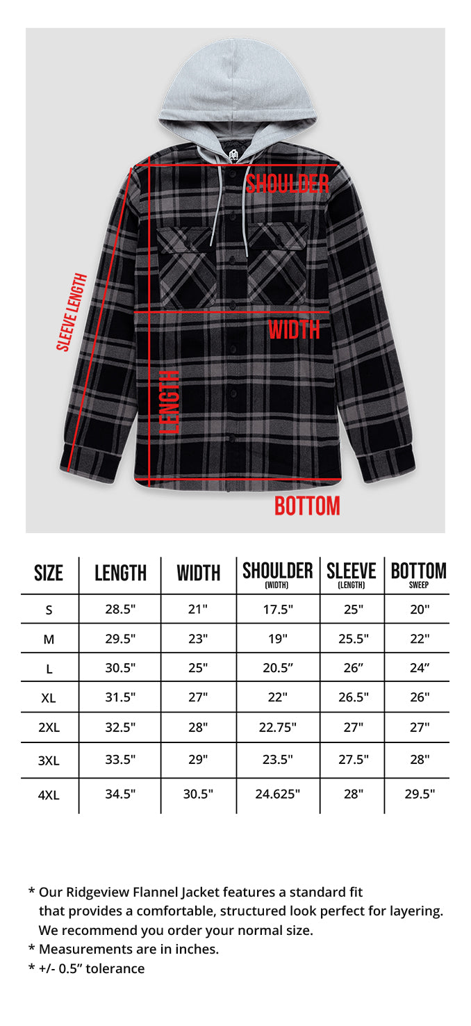 Ridgeview Flannel Jacket Size Chart