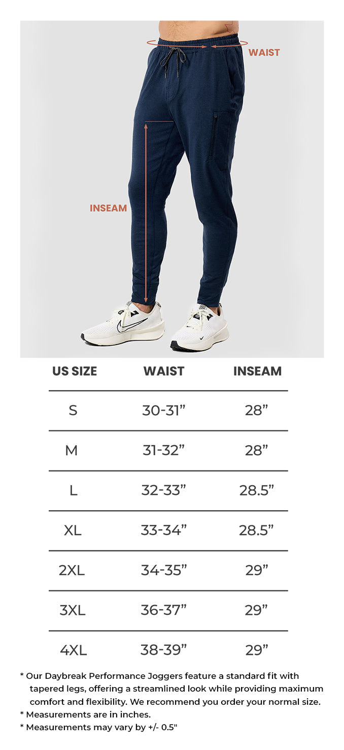 Daybreak Performance Joggers Size Chart