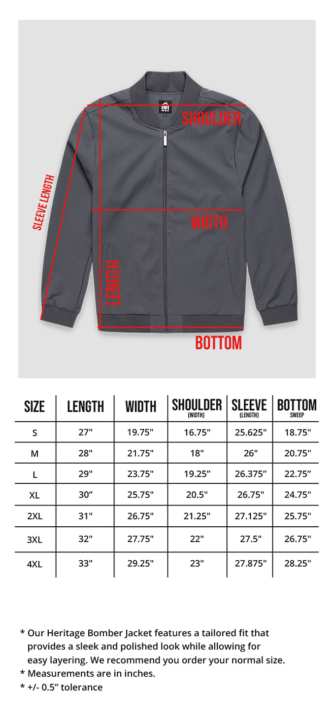 Heritage Bomber jacket Size Chart