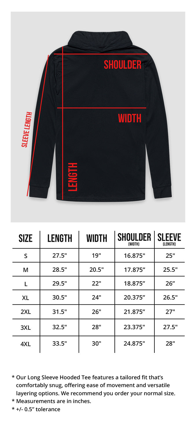 Long Sleeve Hooded Tee Size Chart