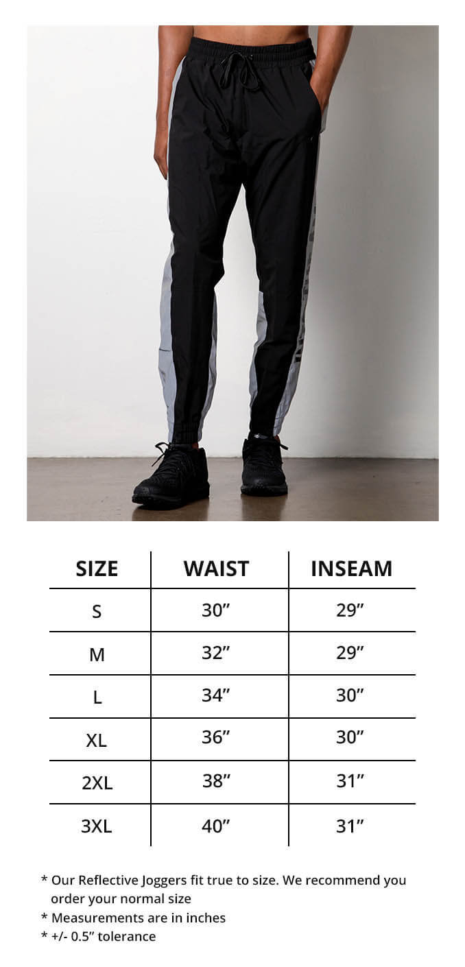 Reflective Men's Joggers Size Chart