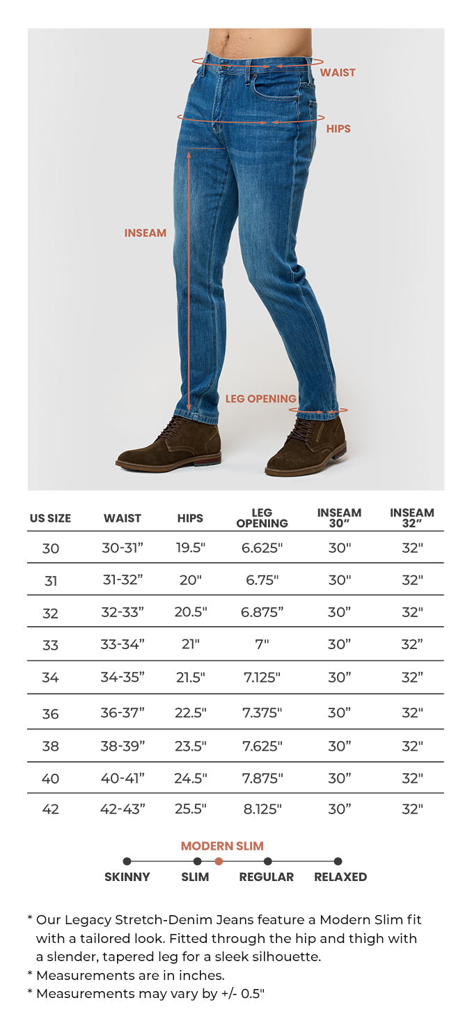 Legacy Stretch Denim Jeans Size Chart