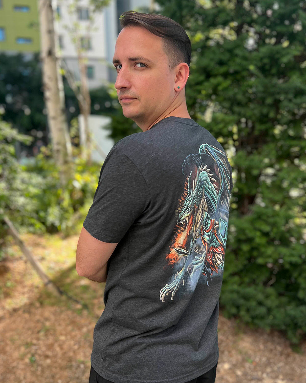 Inferno Blade Tee-Charcoal-Regular-Influencer 1--Model---M