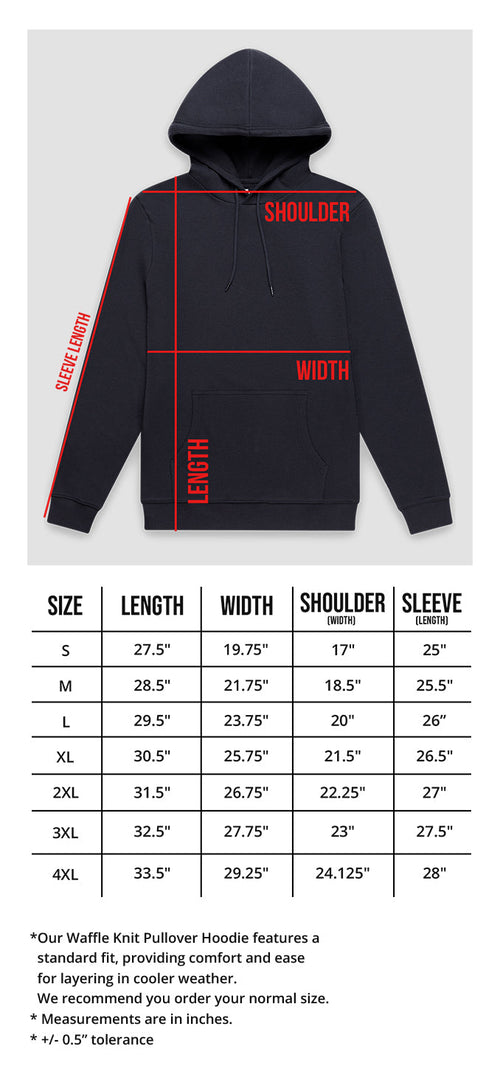 Waffle Knit Pullover Hoodie Size Chart