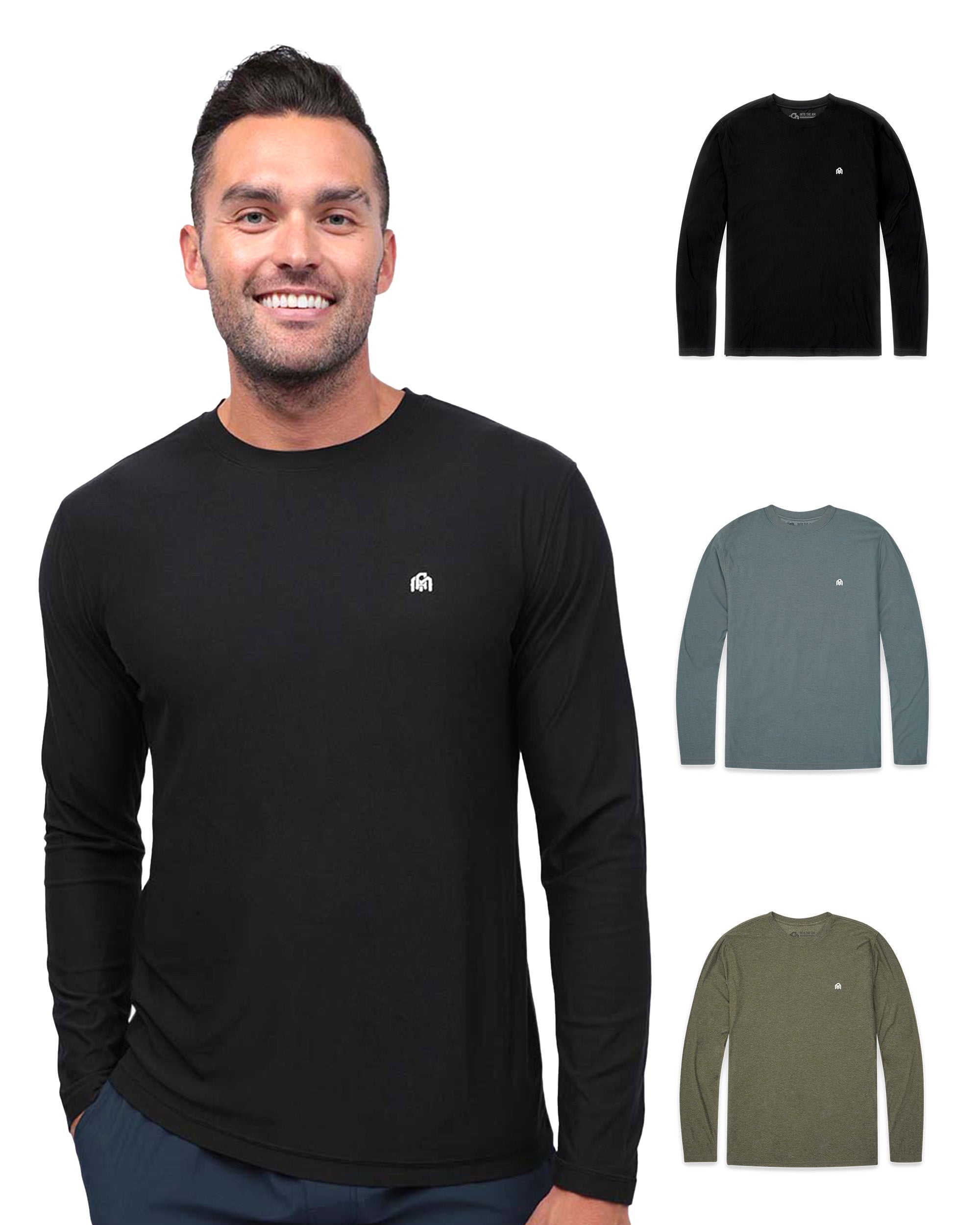 Long Sleeve Active Tee 3-Pack - Branded-Black/Indigo/Olive Green