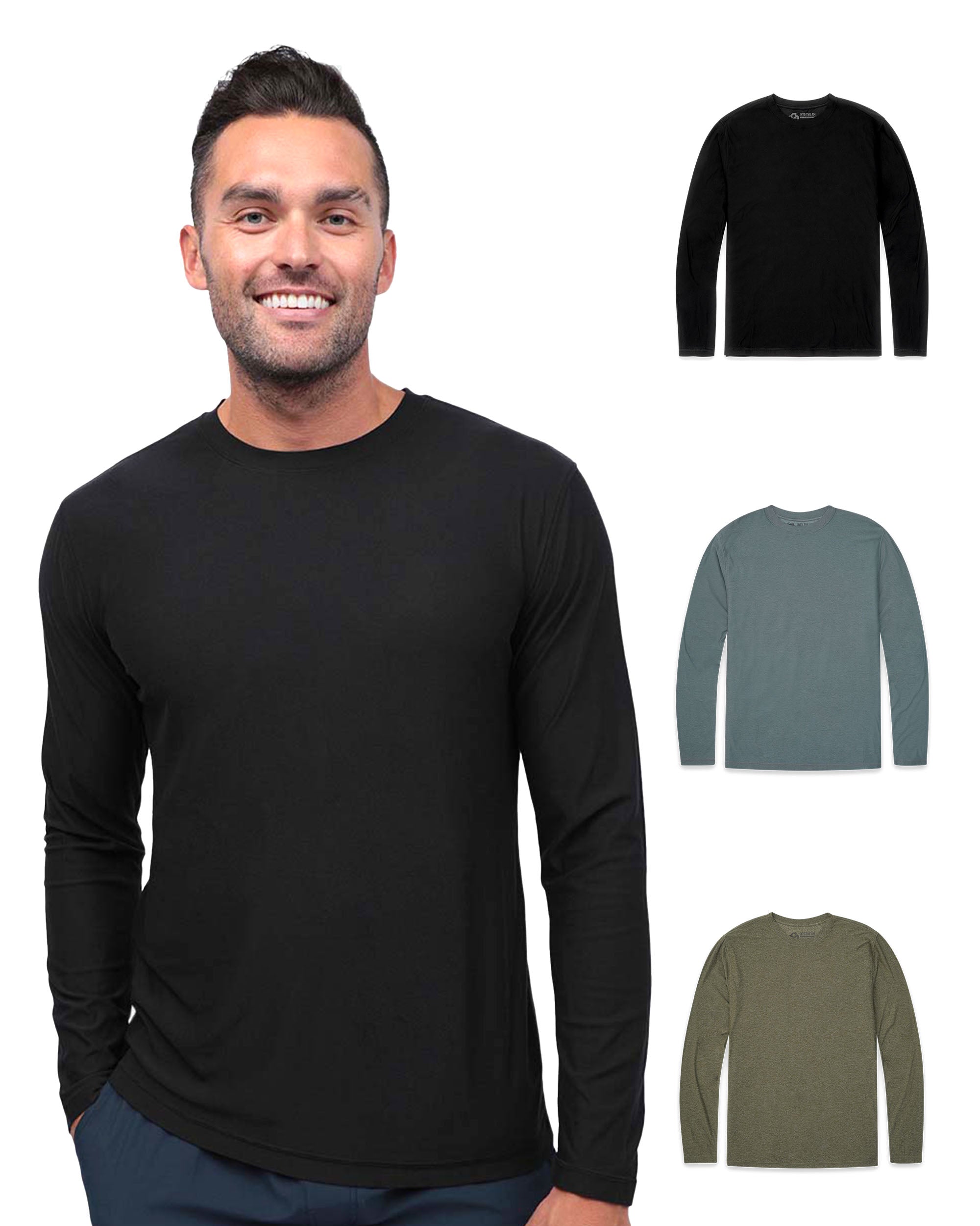 Long Sleeve Active Tee 3-Pack - Non-Branded-Black/Indigo/Olive Green