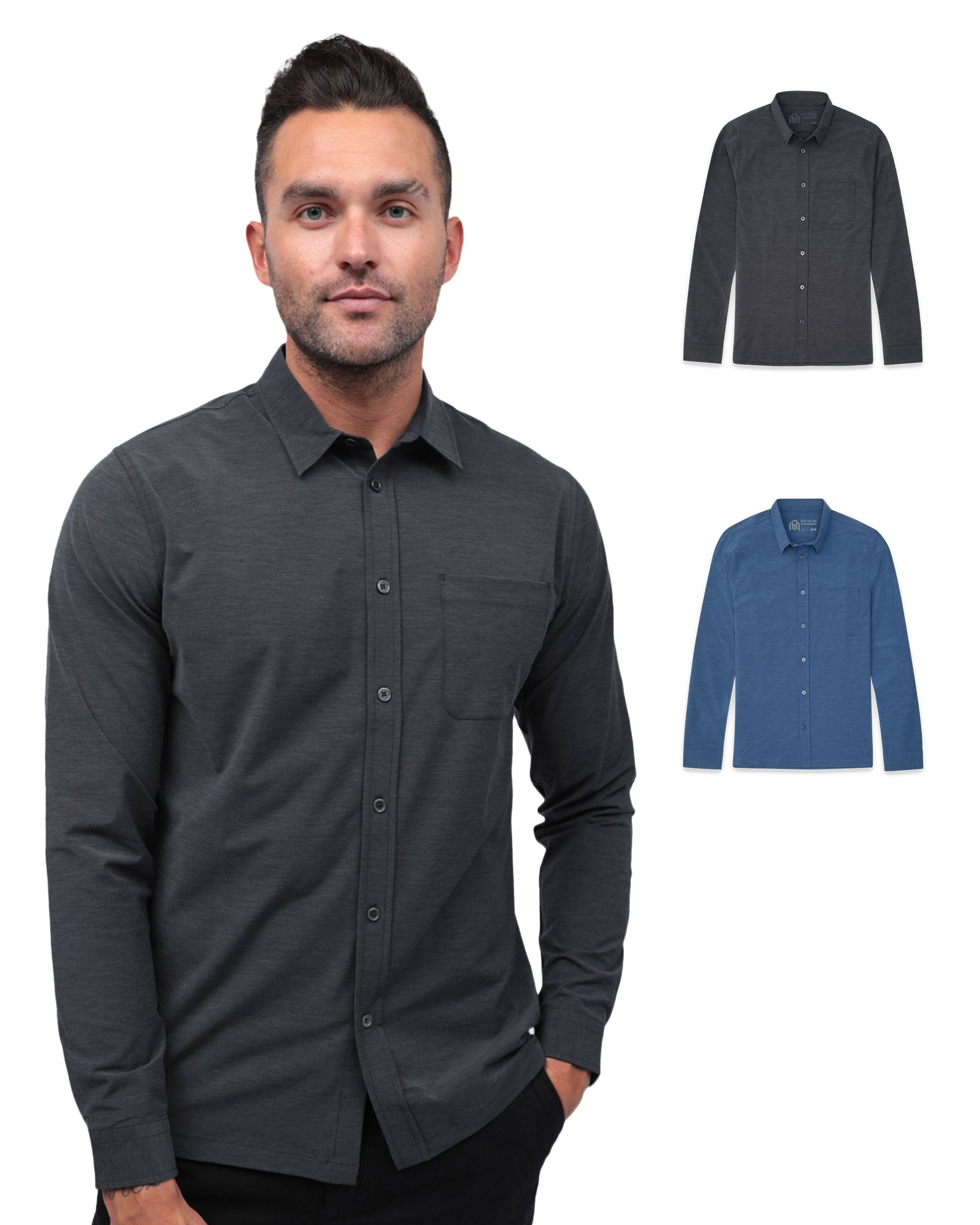 Long Sleeve Button Up 2-Pack-Black/Cool Blue