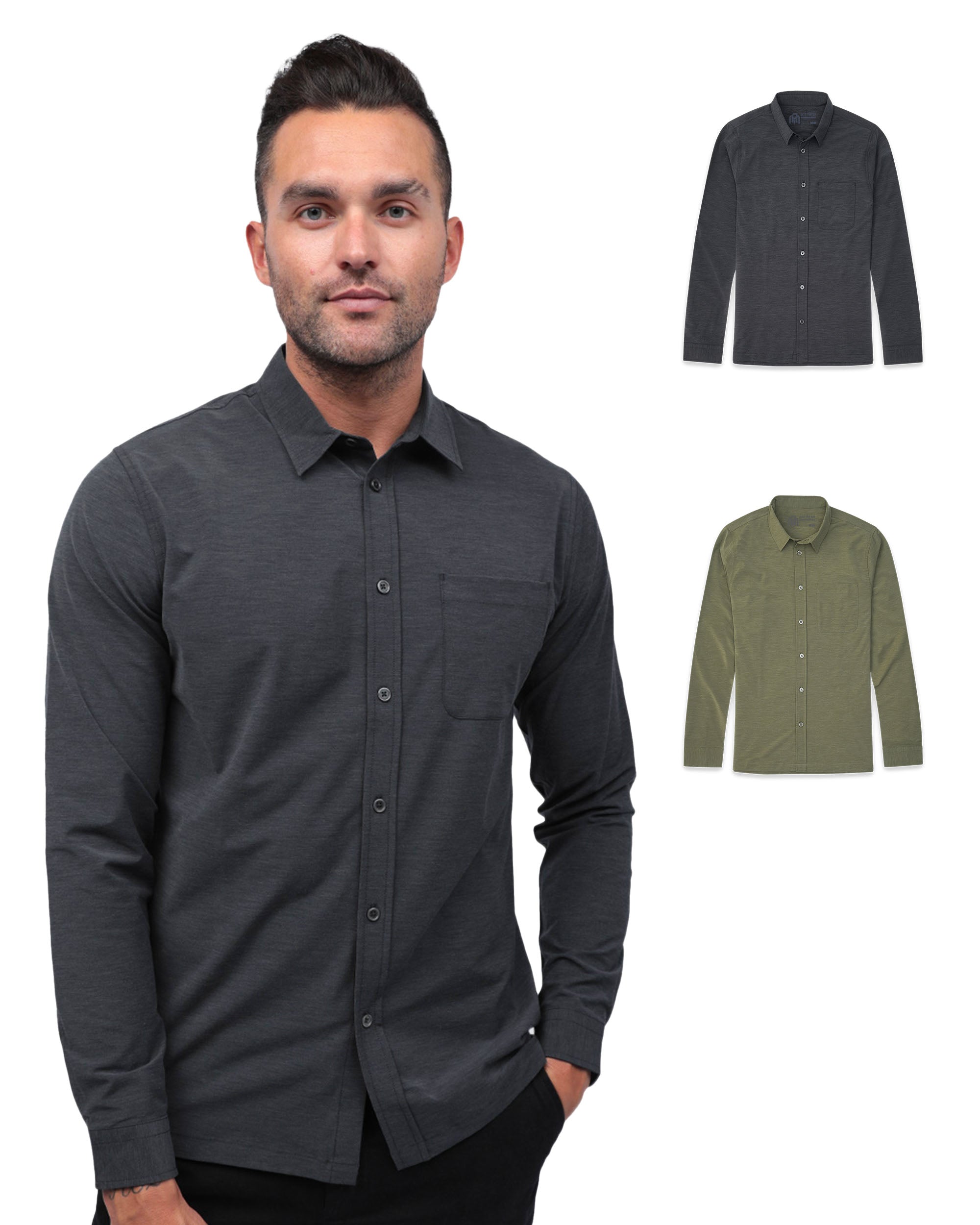 Long Sleeve Button Up 2-Pack-Black/Olive Green