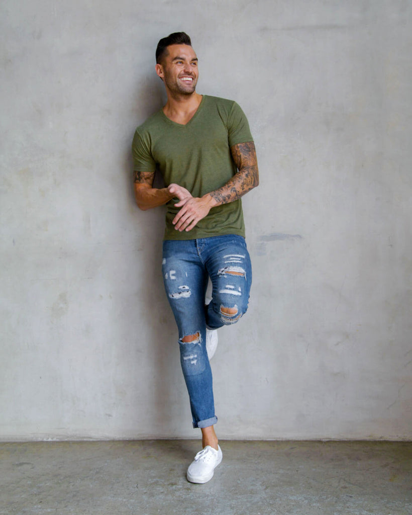 V-Neck Tee - Non-Branded-Olive Green-Full--Model---M-Regular