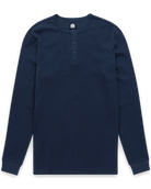 Long Sleeve Waffle Knit Henley-Navy-Mock--Model---M-Regular