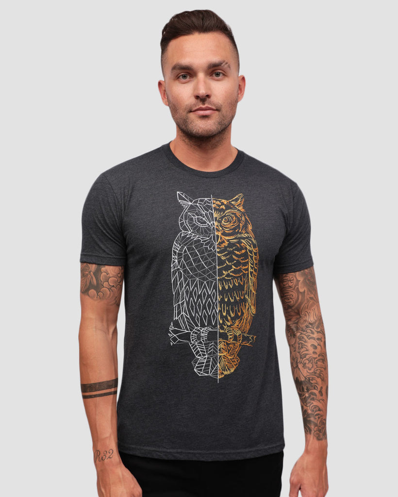 Fractured Owl Tee-Charcoal-Front--Zach---L