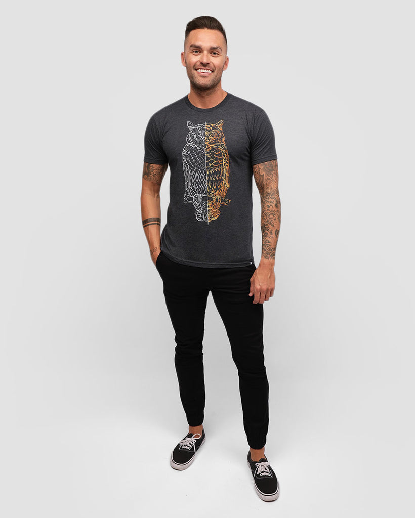 Fractured Owl Tee-Charcoal-Full--Zach---L