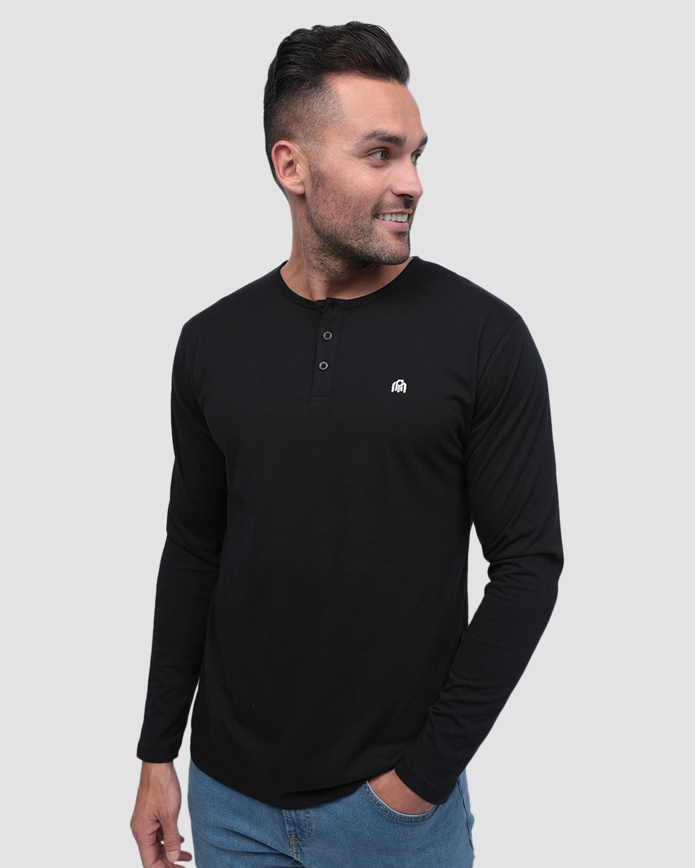 Long Sleeve Henley - Branded Black-Front--Zach---L